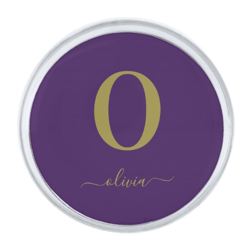 Monogram Script Name Personalized Purple And Gold Silver Finish Lapel Pin
