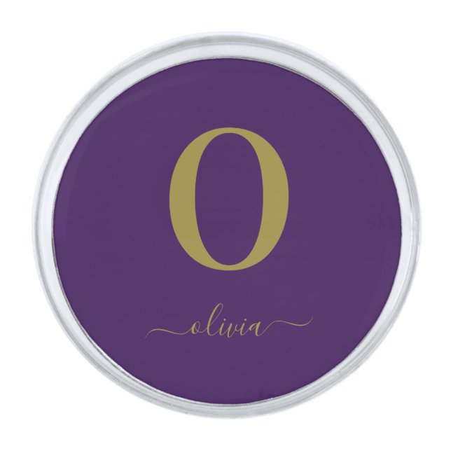Monogram Script Name Personalized Purple And Gold Silver Finish Lapel Pin (Front)