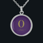 Monogram Script Name Personalized Purple And Gold Sterling Silver Necklace<br><div class="desc">This stylish monogram and elegant script name design can be given as a gift for a birthday,  wedding favor,  bridal shower or any occasion. It can be customized with the person's initial and name.</div>