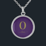 Monogram Script Name Personalized Purple And Gold Sterling Silver Necklace<br><div class="desc">This stylish monogram and elegant script name design can be given as a gift for a birthday, wedding favor, bridal shower or any occasion. It can be customized with the person's initial and name.</div>