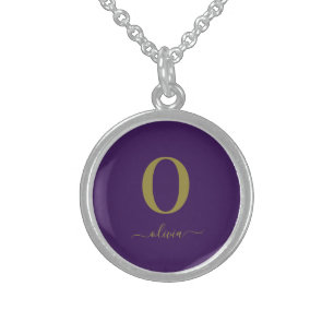 Monogram Script Name Personalized Purple And Gold Sterling Silver Necklace