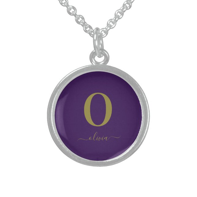 Monogram Script Name Personalized Purple And Gold Sterling Silver Necklace (Front)