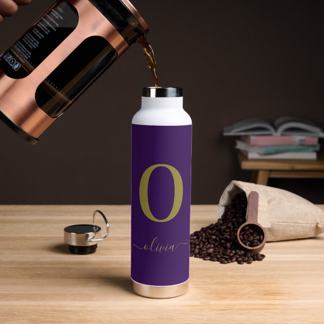 Monogram Script Name Personalized Purple And Gold Water Bottle (Coffee)