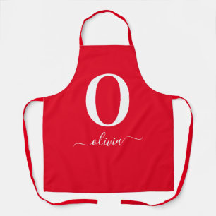 Monogram Script Name Personalized Red And White Apron