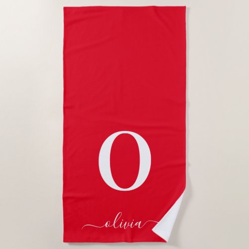 Monogram Script Name Personalized Red And White Beach Towel