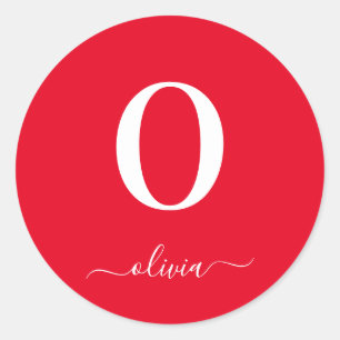 Monogram Script Name Personalized Red And White Classic Round Sticker