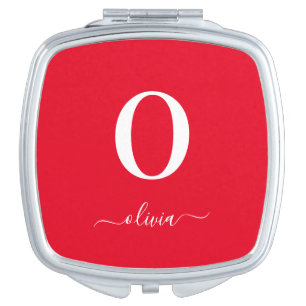 Monogram Script Name Personalized Red And White Compact Mirror