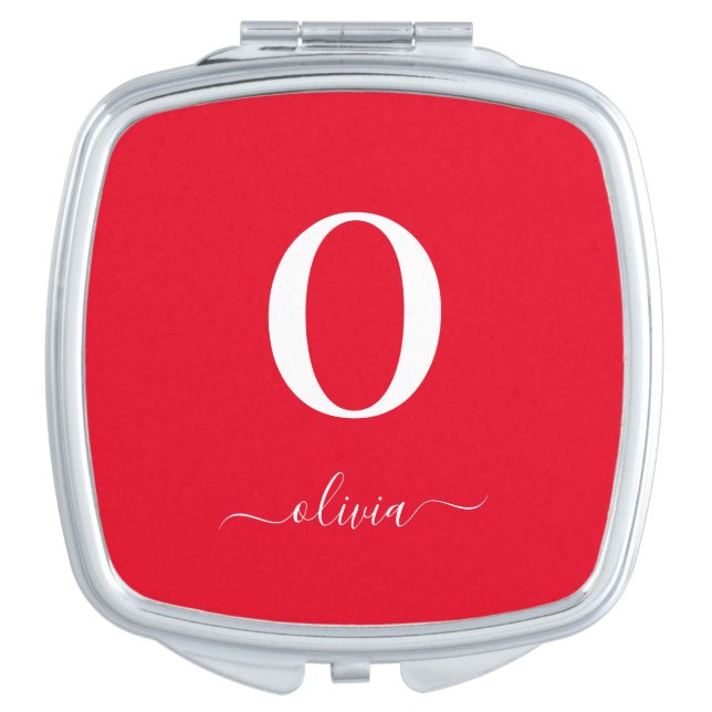Monogram Script Name Personalized Red And White Compact Mirror (Front)