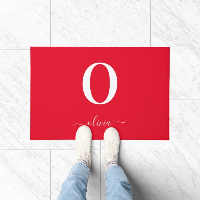 Monogram Script Name Personalized Red And White Doormat (Indoor)