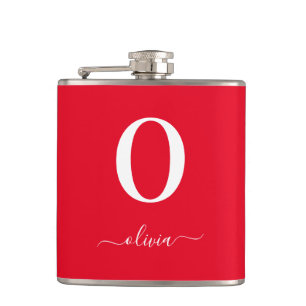 Monogram Script Name Personalized Red And White Flask