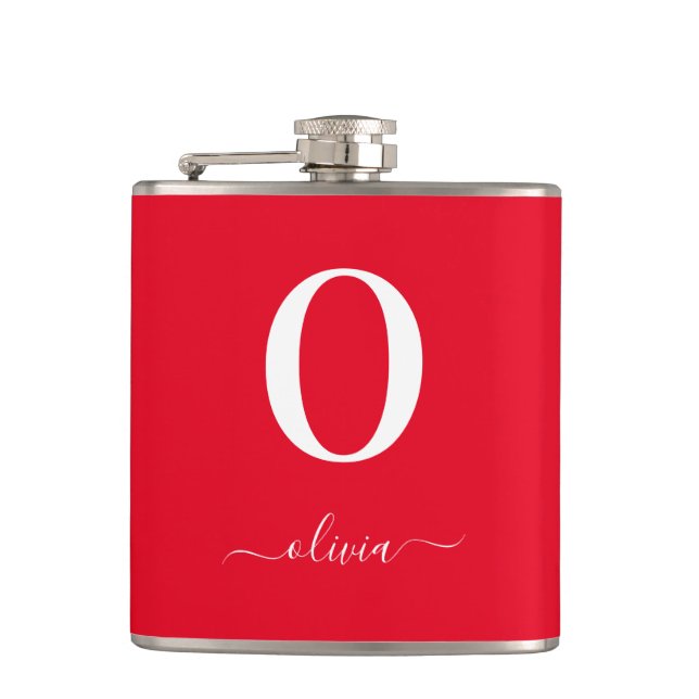 Monogram Script Name Personalized Red And White Flask (Front)