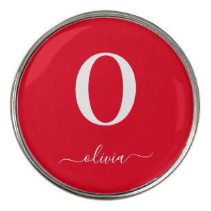 Monogram Script Name Personalized Red And White Golf Ball Marker