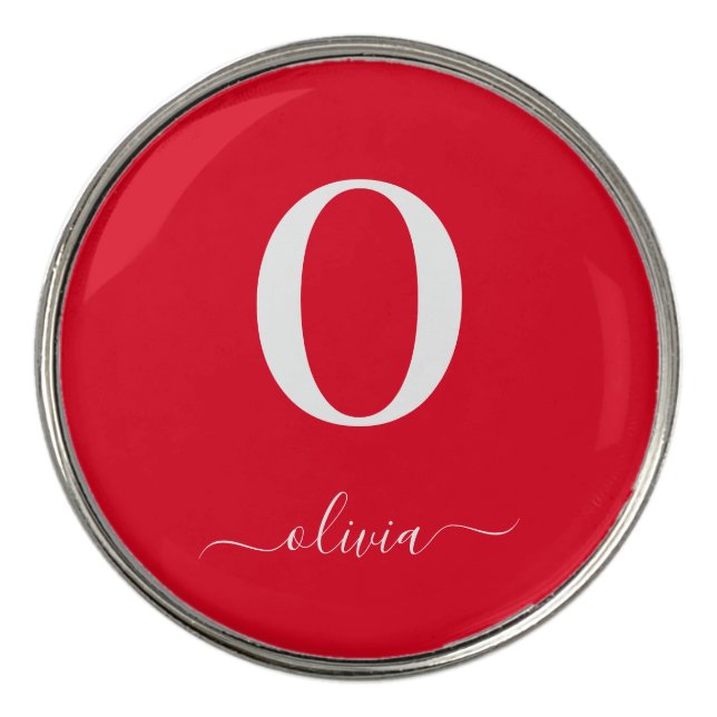 Monogram Script Name Personalized Red And White Golf Ball Marker (Front)