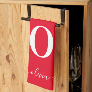 Monogram Script Name Personalized Red And White Kitchen Towel