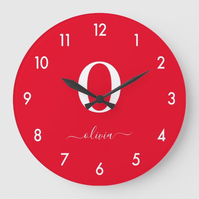 Monogram Script Name Personalized Red And White Large Clock (Front)