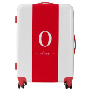 Monogram Script Name Personalized Red And White Luggage