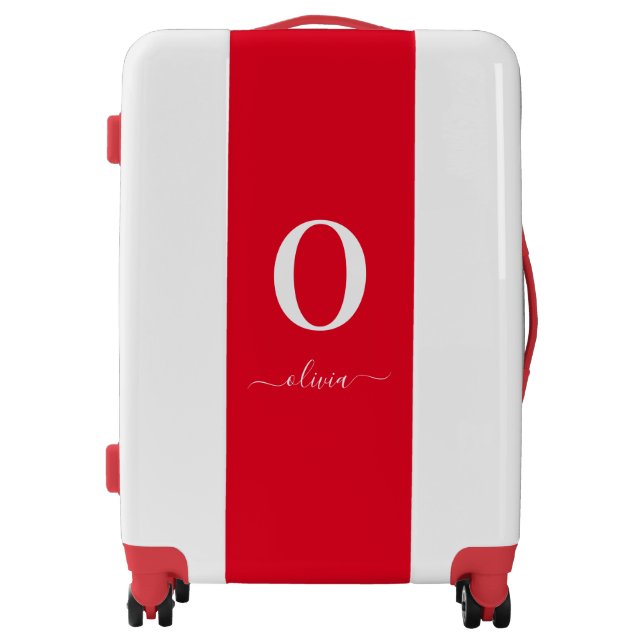 Monogram Script Name Personalized Red And White Luggage (Front)