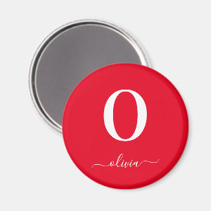 Monogram Script Name Personalized Red And White Magnet