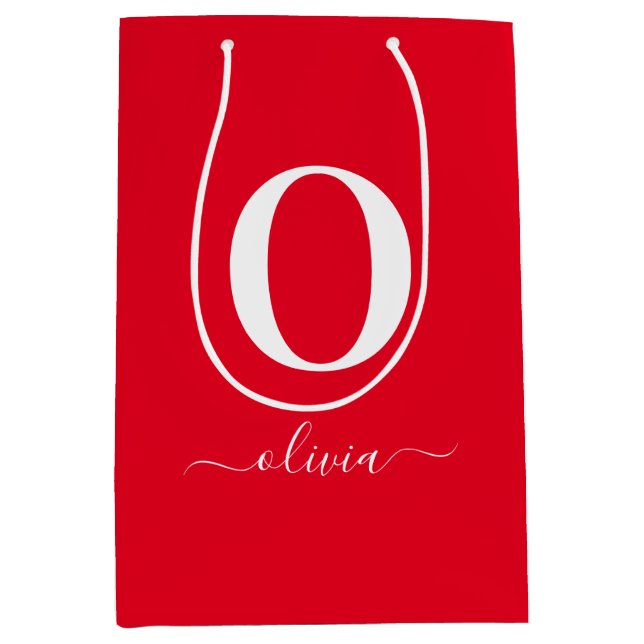 Monogram Script Name Personalized Red And White Medium Gift Bag (Front)