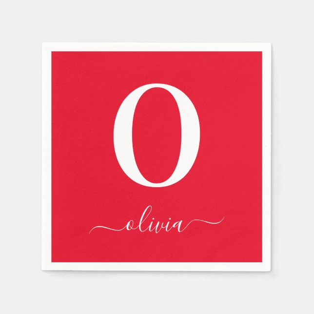 Monogram Script Name Personalized Red And White Napkins (Front)