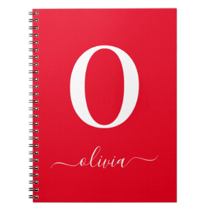 Monogram Script Name Personalized Red And White Notebook