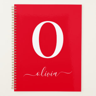 Monogram Script Name Personalized Red And White Planner