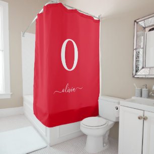 Monogram Script Name Personalized Red And White Shower Curtain