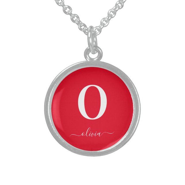 Monogram Script Name Personalized Red And White Sterling Silver Necklace (Front)
