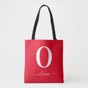 Monogram Script Name Personalized Red And White Tote Bag