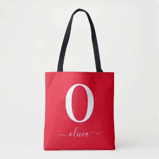 Monogram Script Name Personalized Red And White Tote Bag (Front)