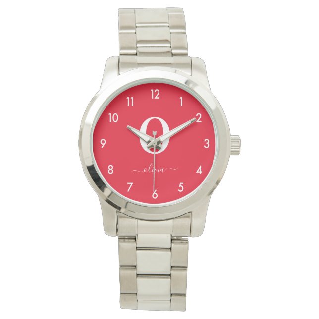 Monogram Script Name Personalized Red And White Watch (Front)