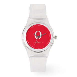 Monogram Script Name Personalized Red And White Watch