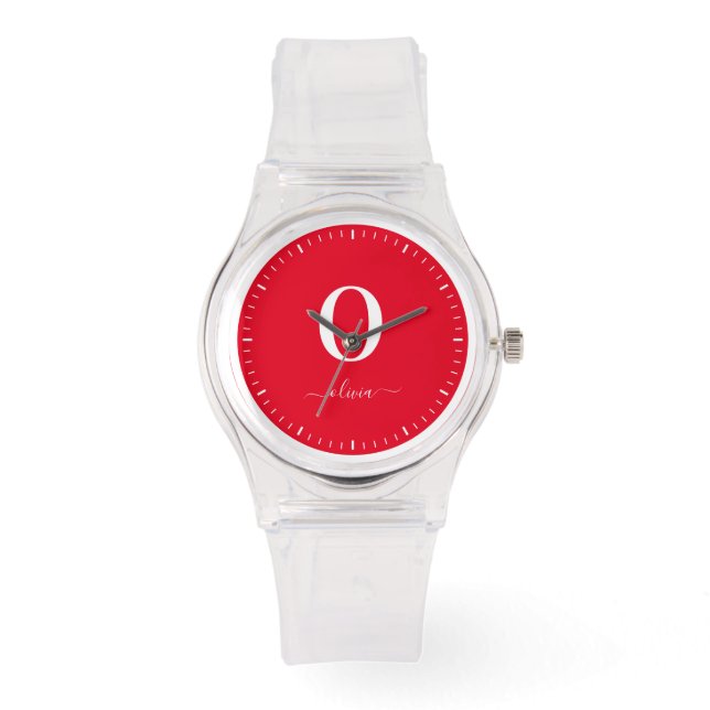 Monogram Script Name Personalized Red And White Watch (Front)