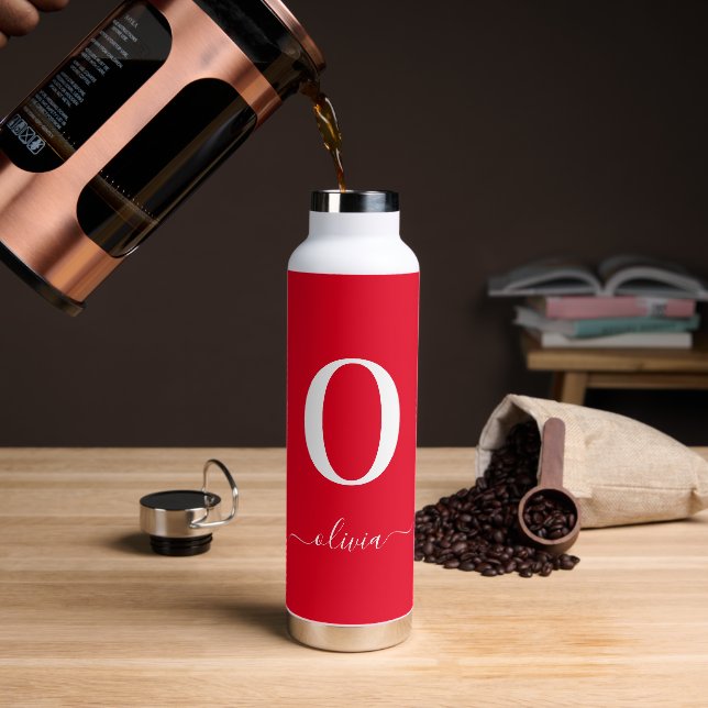 Monogram Script Name Personalized Red And White Water Bottle (Coffee)