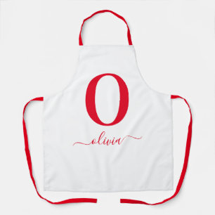 Monogram Script Name Personalized White And Red Apron