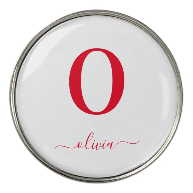 Monogram Script Name Personalized White And Red Golf Ball Marker (Front)