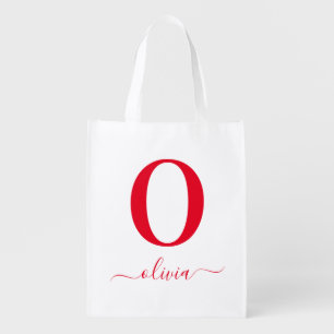 Monogram Script Name Personalized White And Red Grocery Bag