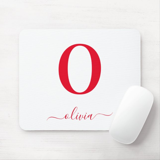 Monogram Script Name Personalized White And Red Mouse Pad