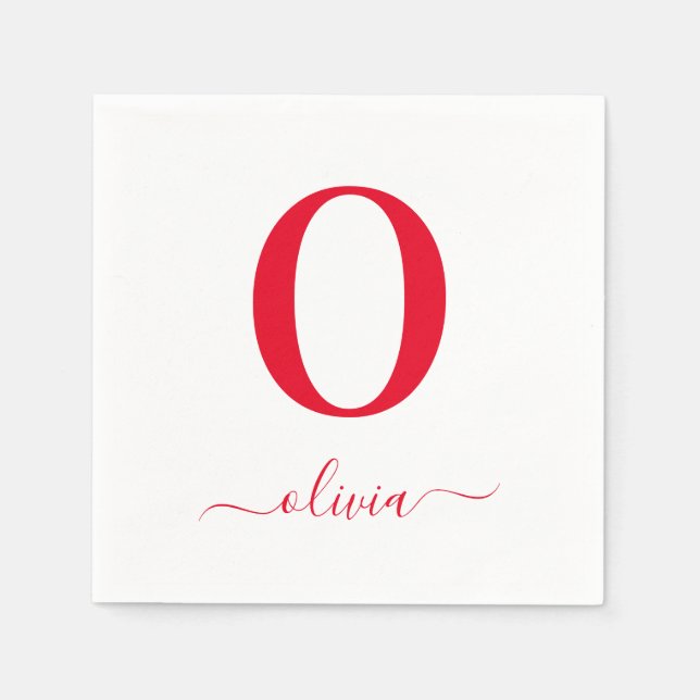 Monogram Script Name Personalized White And Red Napkins (Front)