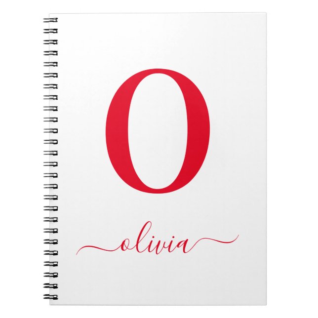 Monogram Script Name Personalized White And Red Notebook (Front)