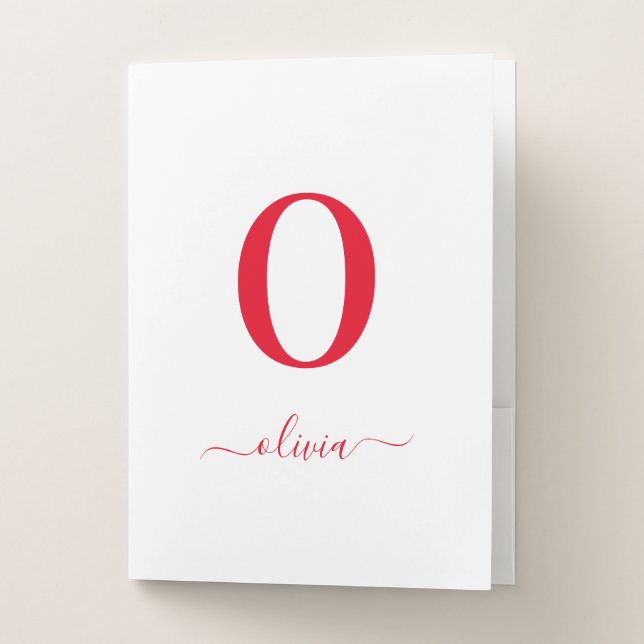 Monogram Script Name Personalized White And Red Pocket Folder (Front)