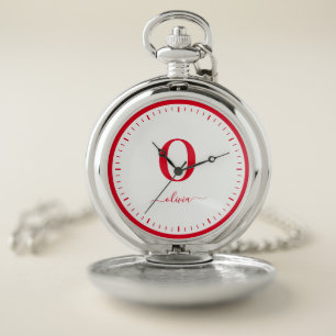 Monogram Script Name Personalized White And Red Pocket Watch