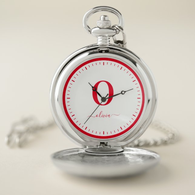 Monogram Script Name Personalized White And Red Pocket Watch (Inside)