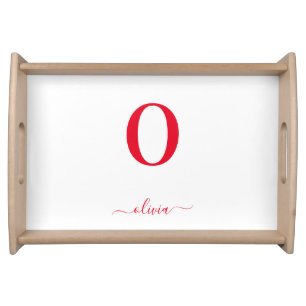 Monogram Script Name Personalized White And Red Serving Tray