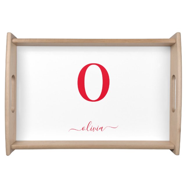Monogram Script Name Personalized White And Red Serving Tray (Front)