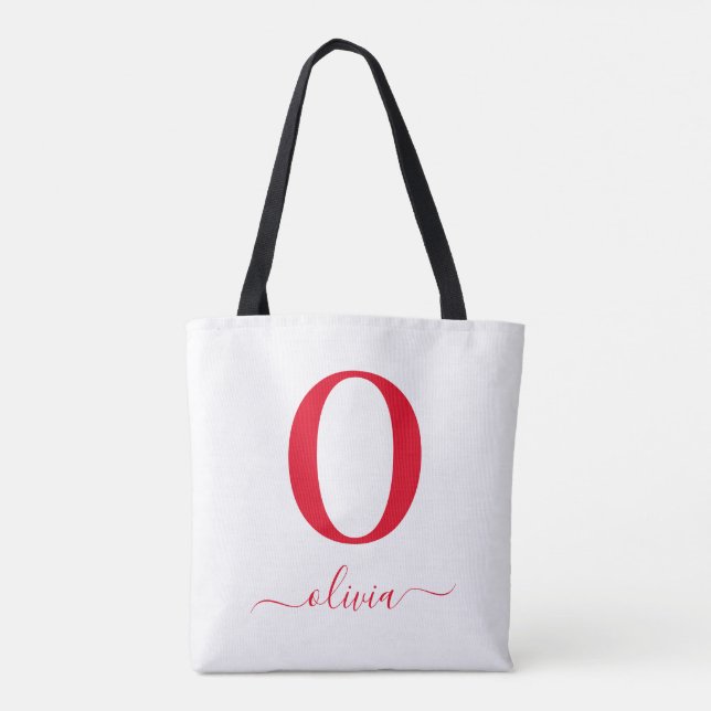Monogram Script Name Personalized White And Red Tote Bag (Back)
