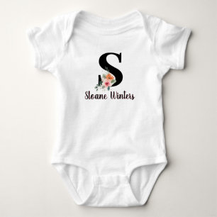 Monogram Script Name Pink Floral Custom Text Baby Bodysuit