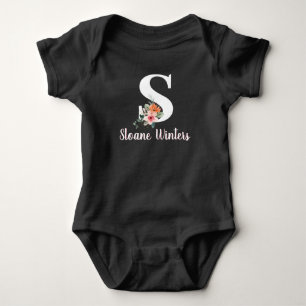 Monogram Script Name Pink Floral White Text  Baby Bodysuit