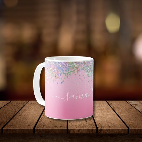Monogram Script Name Pink Glitter Girly Glam Bling Coffee Mug