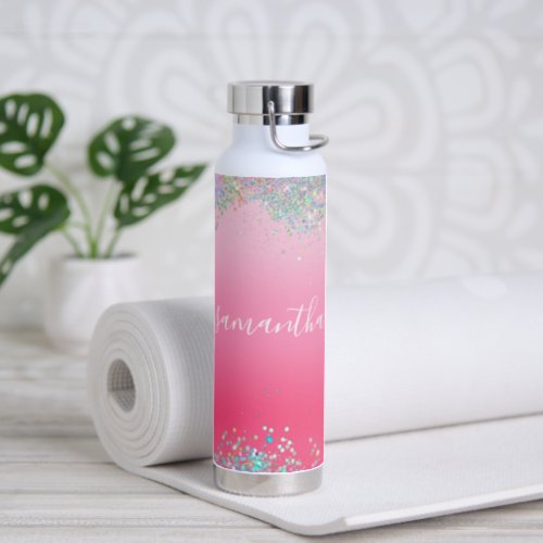 Monogram Script Name Pink Glitter Girly Glam Bling Water Bottle